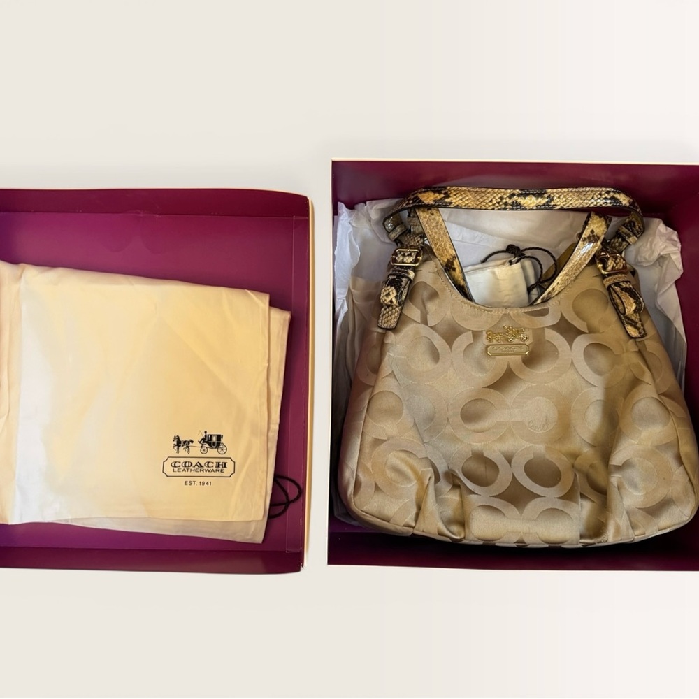 Vintage Coach Metallic Gold Signature Satchel with Snake-Print Handles New